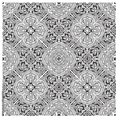 Intricate black and white geometric mandala pattern featuring symmetrical interlocking lines and floral-inspired shapes designed for adult coloring books or decorative backgrounds.