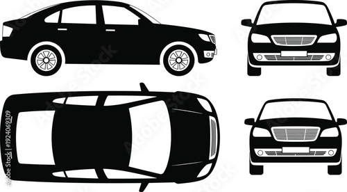 Sedan car silhouette set isolated on white background, black vehicle vector collection with front, side and top views for automotive design