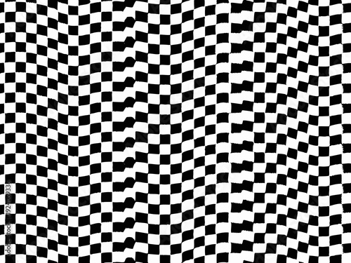 A distorted black and white checkered pattern creates an optical illusion