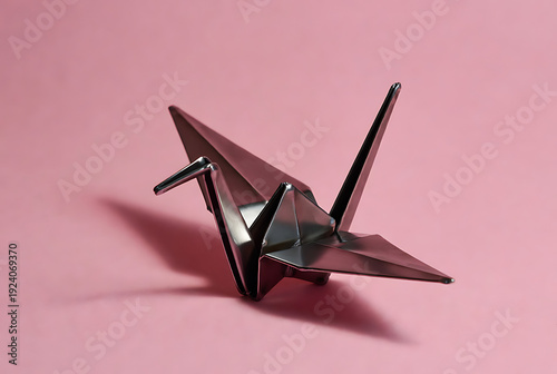 Wallpaper Mural Crane origami metal with pink background and shadow effect, folded paper art featuring decorative, sculpture, minimalist with modern and abstract elements for geometric, 3D projects, clean Torontodigital.ca