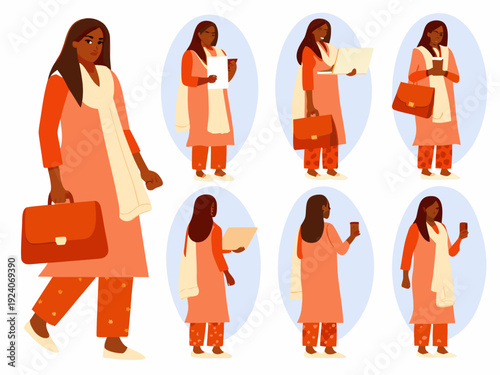 A woman in traditional indian attire is depicted in various poses