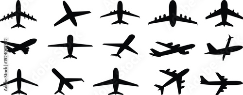 Set of airplane silhouettes isolated on white background, commercial passenger aircraft top view collection, black vector aviation icons for travel and transportation design