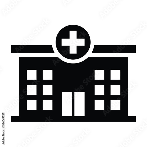 Modern hospital building facade with prominent cross symbol indicating healthcare services representing medical care treatment and emergency aid in a clean minimalist graphic