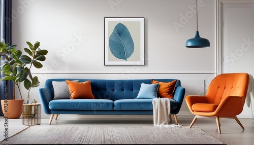 blue sofa and orange lounge chair against white wall with art frame scandinavian interior design of modern living room