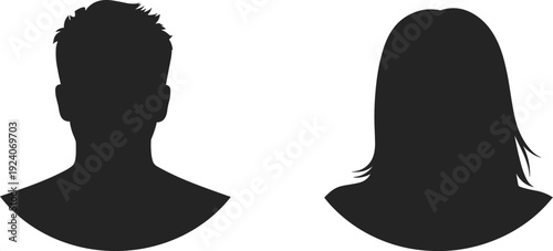 Silhouette profile icons of male and female human heads with short and long hair, black vector illustration for user interface, avatar placeholder, demographic design