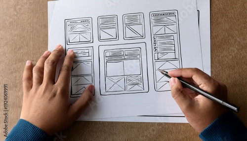 hands sketching wireframe on paper face obscured ux design app wireframe user interface planning mobile app sketch design thinking wireframe drawing paper and pen