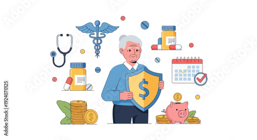 Senior Health & Financial Security: Retirement Planning, Medical Care & Savings Protection Illustration