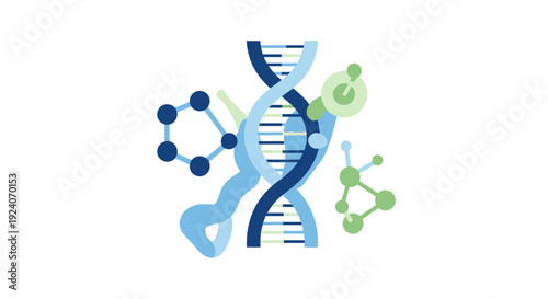 DNA Double Helix and Abstract Molecular Structures. Modern Science, Genetics, and Biotechnology Concept Illustration.