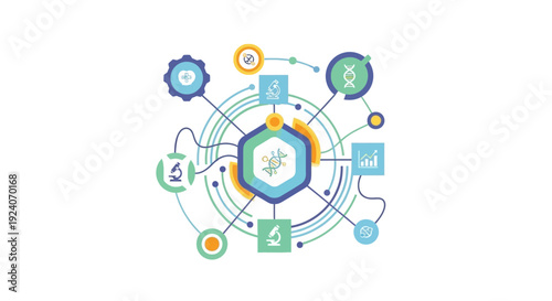 Biotechnology and Healthcare Research Network with DNA, Data, and Scientific Innovation Icons