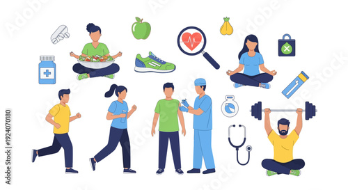 Healthy Lifestyle Concept. Wellness, Fitness, Nutrition, and Medical Care Vector Illustration.