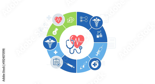 Comprehensive Healthcare and Medical Services Infographic with Health Icons, Stethoscope, and Heart - Digital Health System Diagram