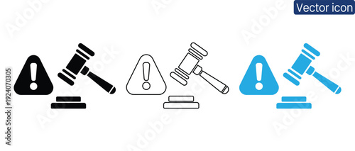 Set of warning signs with gavel icons in black, white and blue colors for legal or caution concepts