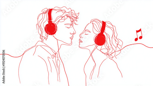 Continuous line illustration of two people sharing headphones, red music note accent