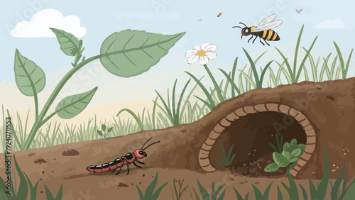 Whimsical insect scene with ant and bee in natural habitat