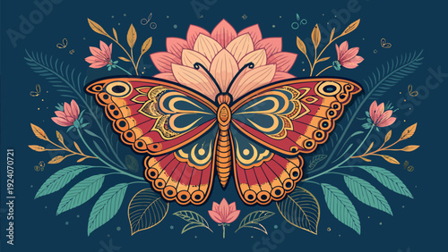 Vibrant butterfly surrounded by flowers and leaves on dark blue