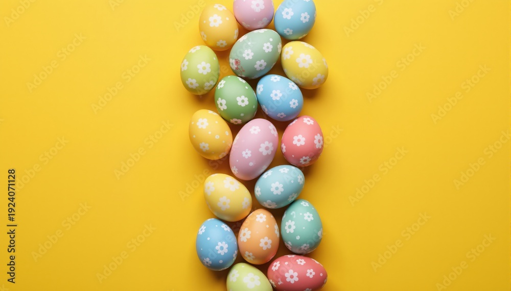 Obraz premium Easter concept. Top view vertical photo of colorful easter eggs on isolated yellow background with empty space 