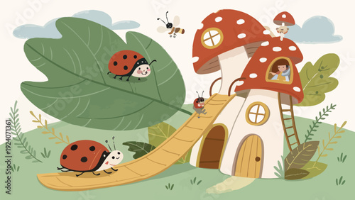 Whimsical mushroom house with ladybugs and playful garden scene