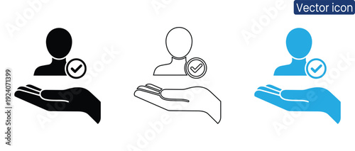 Set of vector icons depicting hands holding people with checkmarks for approval and verification