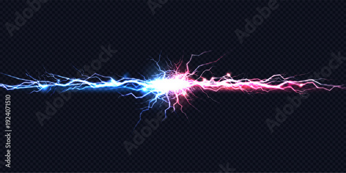 Lightning vs thunder with blue and red electric bolt on transparent background. Dramatic spark effect with powerful neon energy strike. Abstract battle collision graphic for game competition design.