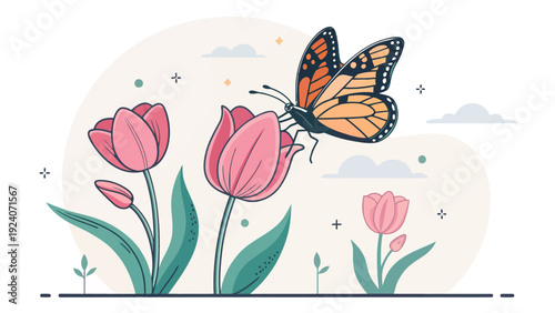Vibrant butterfly flying over beautiful pink tulips