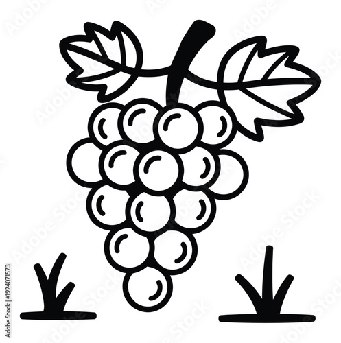 Stylized black and white of a grape cluster with leaves and grass