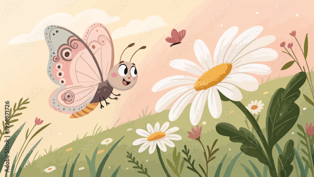 Fototapeta premium Happy butterfly flying near daisies in sunny meadow