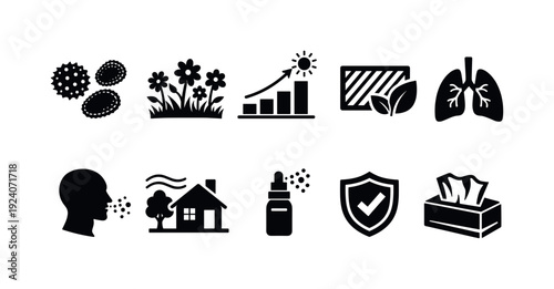Allergy and respiratory health solid icon set. Pollen, protection, seasonal icons collection.