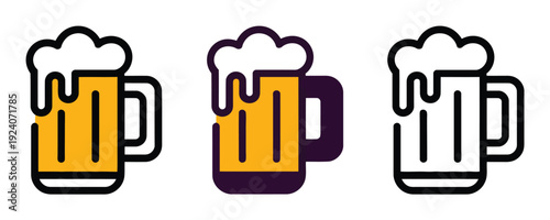 Three stylized beer mugs with frothy heads, in different color schemes
