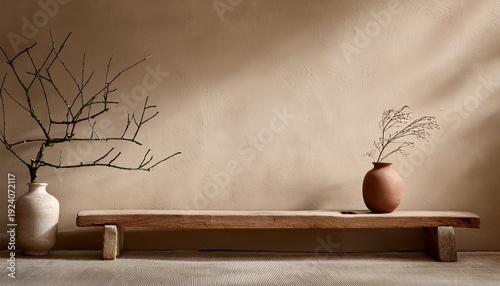 rustic wooden bench and clay vase with branch near beige grunge stucco wall with copy space japandi wabi sabi home interior design of modern living room