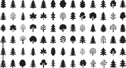 Collection of diverse tree silhouettes arranged in grid, showcasing coniferous and deciduous forms, branching structures, leaf patterns, and botanical variety for design or educational use.