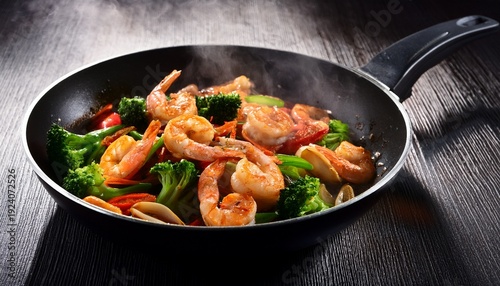 shrimp stir fry in a hot pan