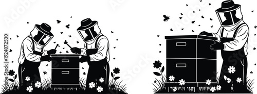 Beekeeper apiary illustration set, beekeeping honey farm silhouettes with protective suit hive box bees nature vector illustration bundle pack