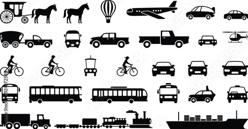 Transportation silhouette icons set featuring horse carriage, hot air balloon, airplane, helicopter, cars, bicycles, bus, taxi, train, semi-truck, cargo ship, vector design