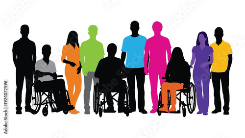 A group of people with and without disabilities standing together isolated on white background, Vector