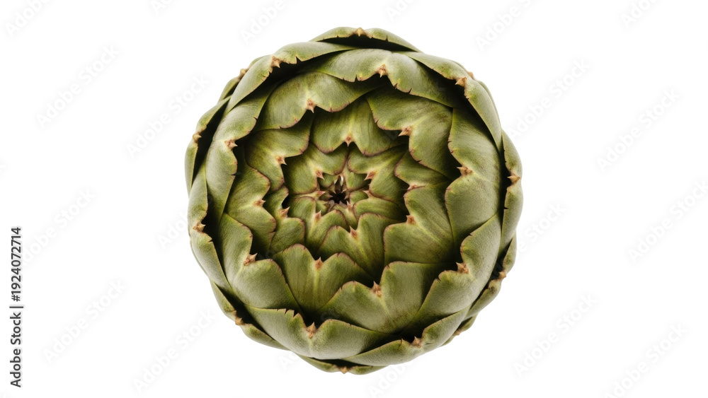 Fototapeta premium Isolated fresh artichoke, a raw vegetable with scale-like petals and a circular, flower shape