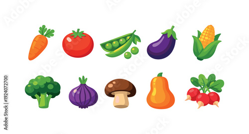 Vegetable flat icon set. Fresh produce and garden vegetables in flat design.