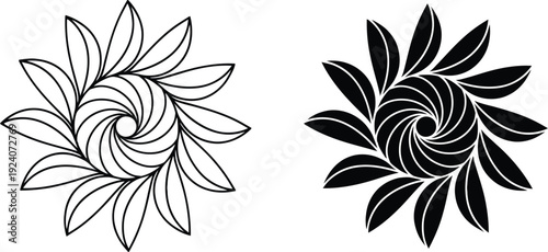 A black and white illustration of two spiral leaf designs on a plain background