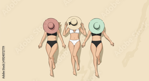 Three women in bikinis and sunhats walking on beach