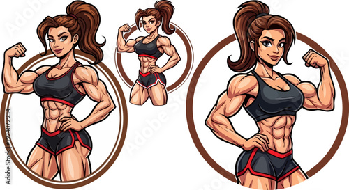 Fitness woman icon set, 3 poses. Includes flexing, strong female, workout illustrations. Created in colorful cartoon style with vibrant colors.