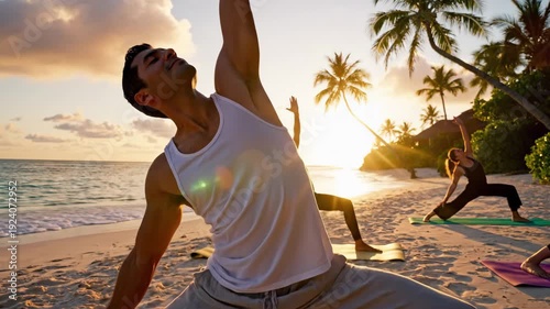 Sunset beach yoga: graceful flow in tropical paradise with palm trees