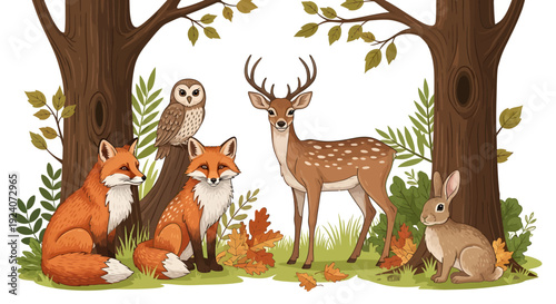 Forest animals gathered around trees in a serene woodland scene from a frontal viewpoint