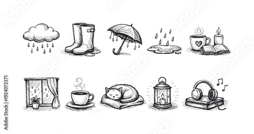 “cozy hygge line icon set. Minimalist, comfort, relaxation line icons collection”