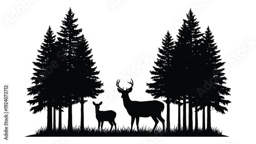 A deer and a fawn standing in front of trees isolated on white background, Vector