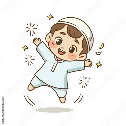 Happy Muslim boy jumping and celebrating with sparkling light decorations around