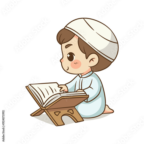 Cute Muslim boy sitting and reading Quran on wooden book stand