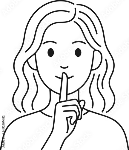Woman making silence gesture with finger on lips, minimal line art vector illustration of quiet sign communication concept