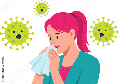 Woman sneezing into tissue, surrounded by cartoon coronavirus particles illustrating flu symptoms, infection spread, seasonal allergy and healthcare concept awareness