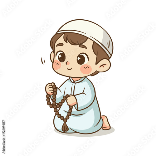 Cute Muslim boy sitting on knees holding prayer beads tasbih illustration