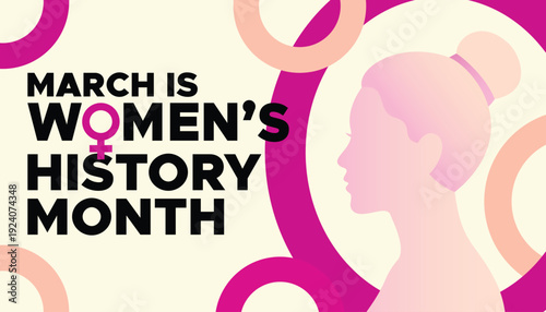 March Is Women's History Month Banner With Female Silhouette Graphic Celebrating Empowerment And Gender Equality