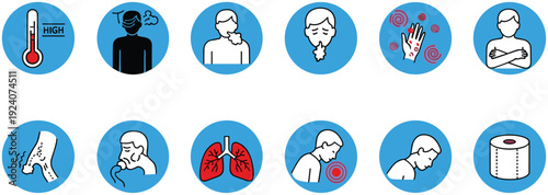 Flu symptoms icons set, fever cough allergy rash signs, respiratory illness pictograms, medical health problem vector illustration collection pack bundle